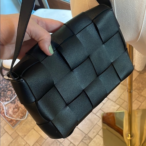 None Handbags - Black Woven Vegan Leather Crossbody Bag Purse